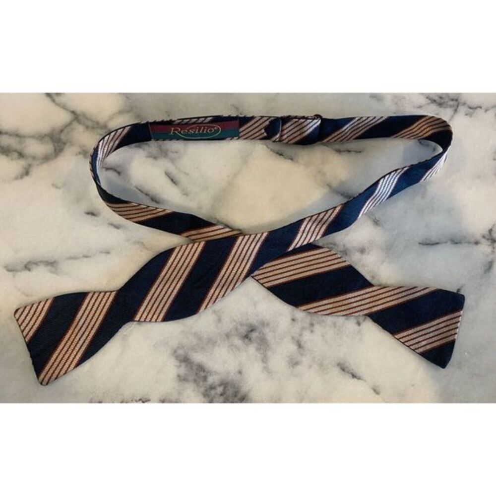 Resilio Woven Striped Blue Burnt Orange Beige Self Tie Adjustable Bow Tie